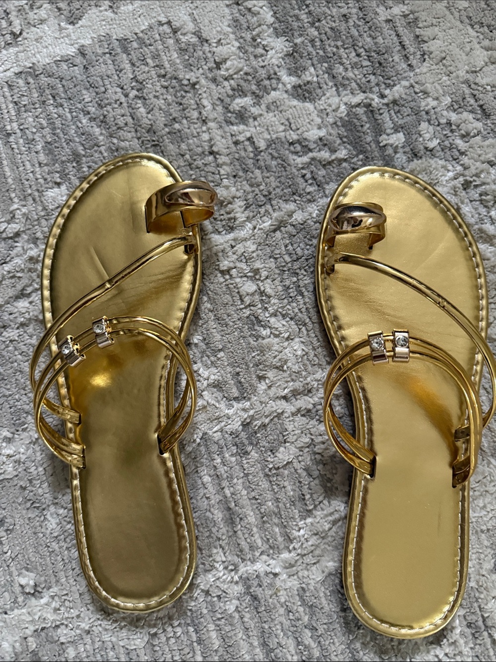 Amazon Gold Metallic Toe-Ring Sandals with Crystal Accents